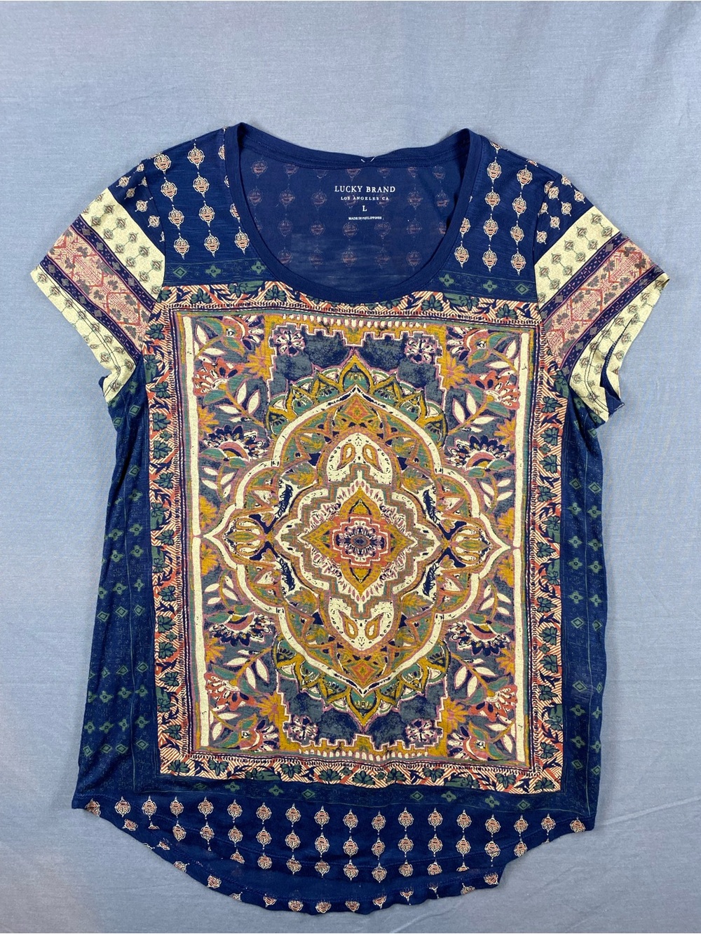Lucky Brand Women's Persian Carpet Tee Shirt Top Women’s Sz Large Navy Blue Boho